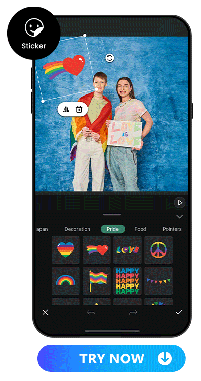 add 4 animated pride stickers to a photo of 2 standing people to celebrate pride month